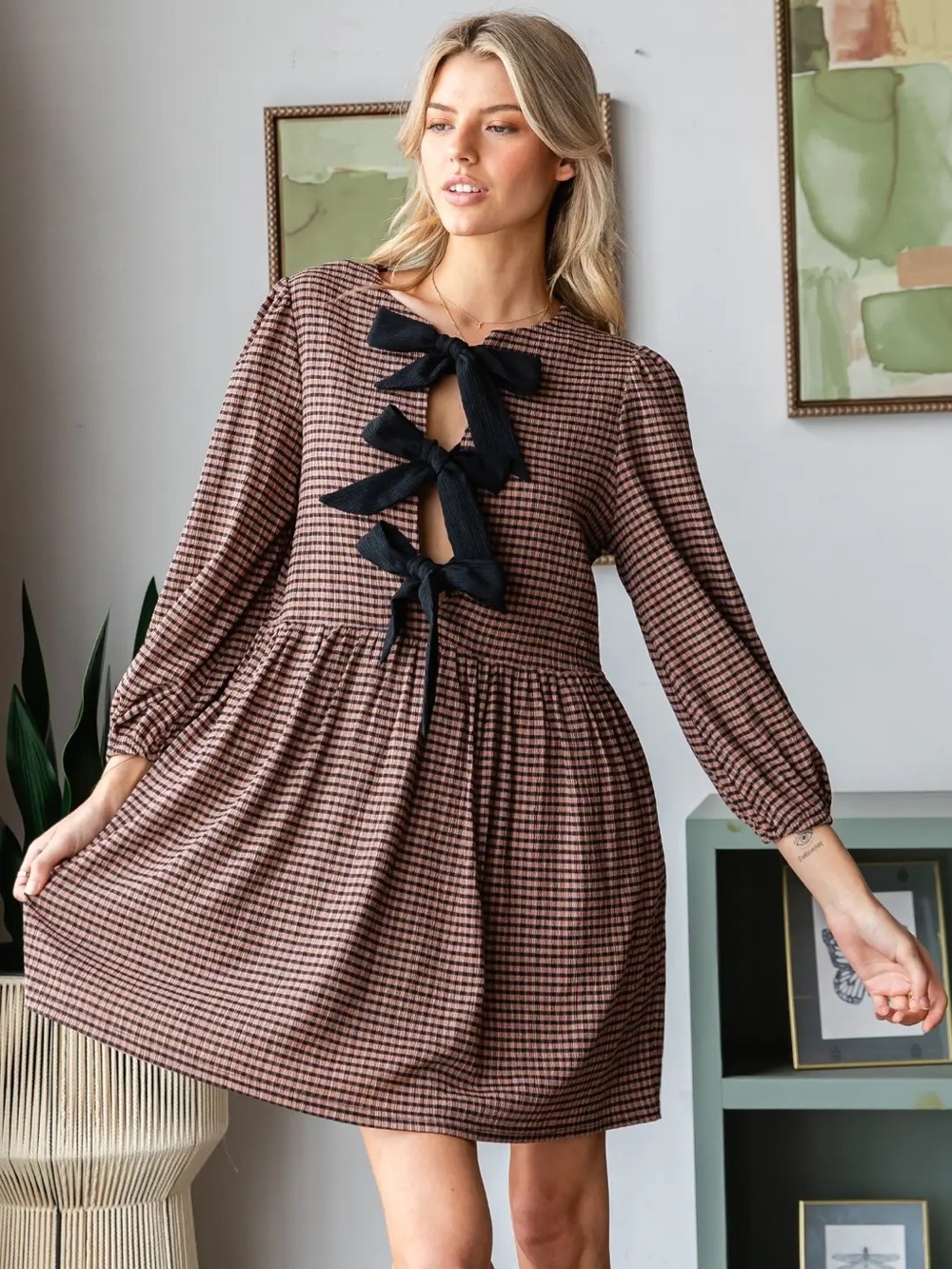Veveret Gingham Print Woven Ribbon tie  dress - Medium